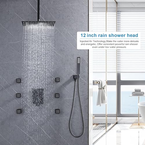 Miniatura 8 de Sistema de chorro de ducha de lluvia de 12 pulgadas con interruptor de encendido y apagado, juego de grifo de ducha de techo negro mate