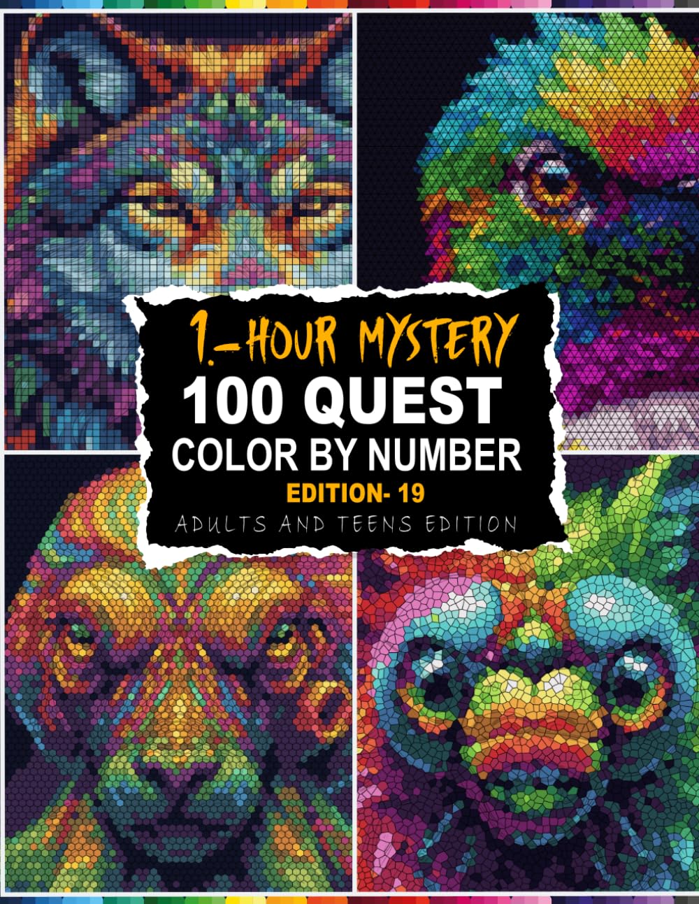 100 QUEST 1-HOUR MYSTERY MOSAIC: Reveal 100 Vibrant Hidden Animal Portraits — Mystery Mosaics Color By Number Across 5 Unique Shape Grids with Full Master Color Palette