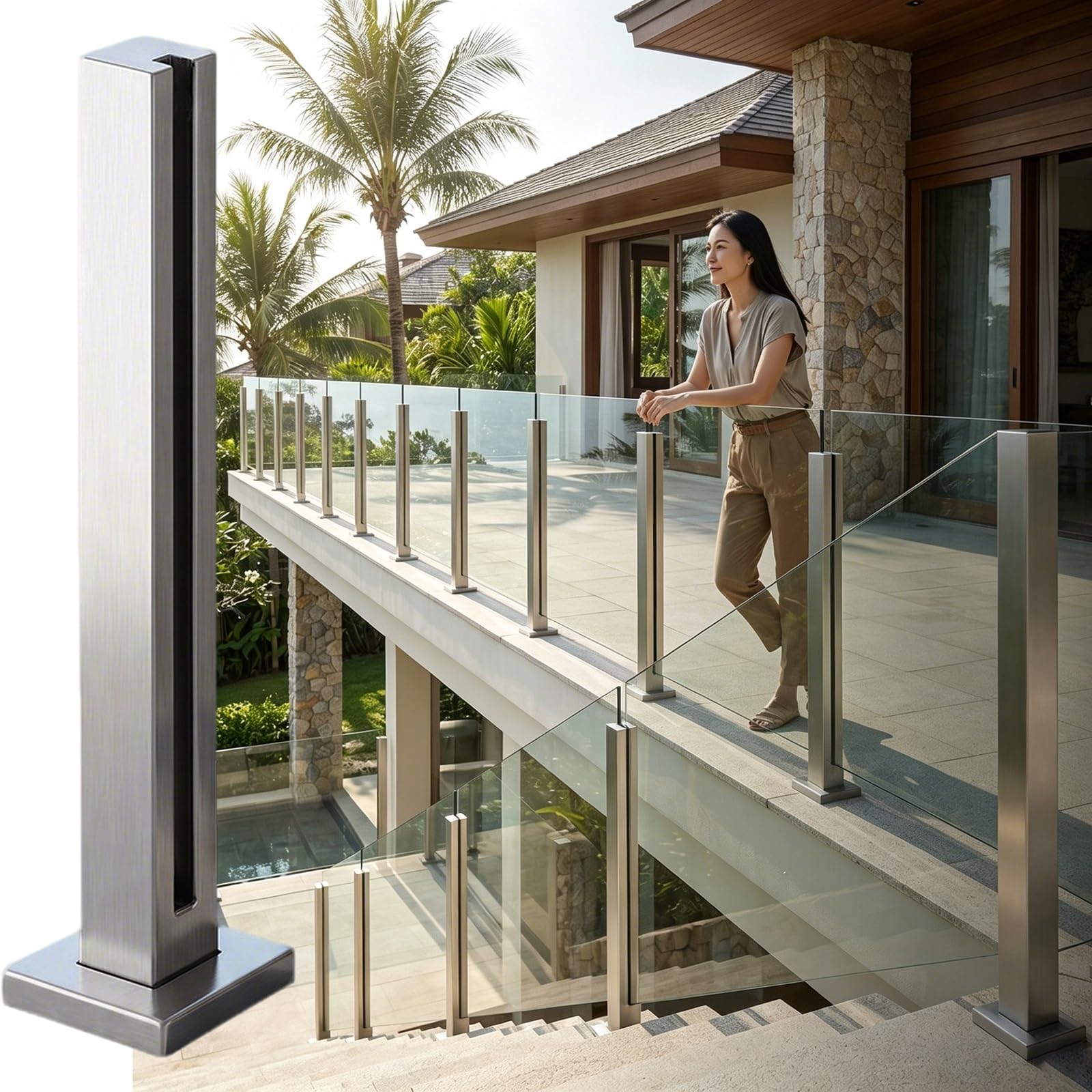 ZAQYCM Frameless Glass Fence Clamps with Slot And Base, Indoor Outdoor Deck Balcony Patio Terrace Platform Landing Guardrail Panels Balustrade Post, Fits 3/8-1/2in Glass(Silver End Post,85cm/33.5 in)