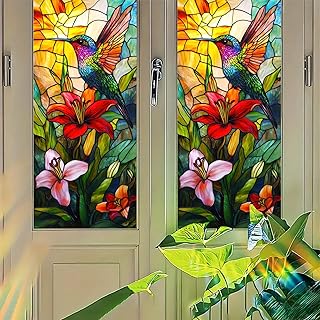 Hummingbird Stained Glass Window Film Colorful Floral Privacy Window Sticker Static Cling No Glue