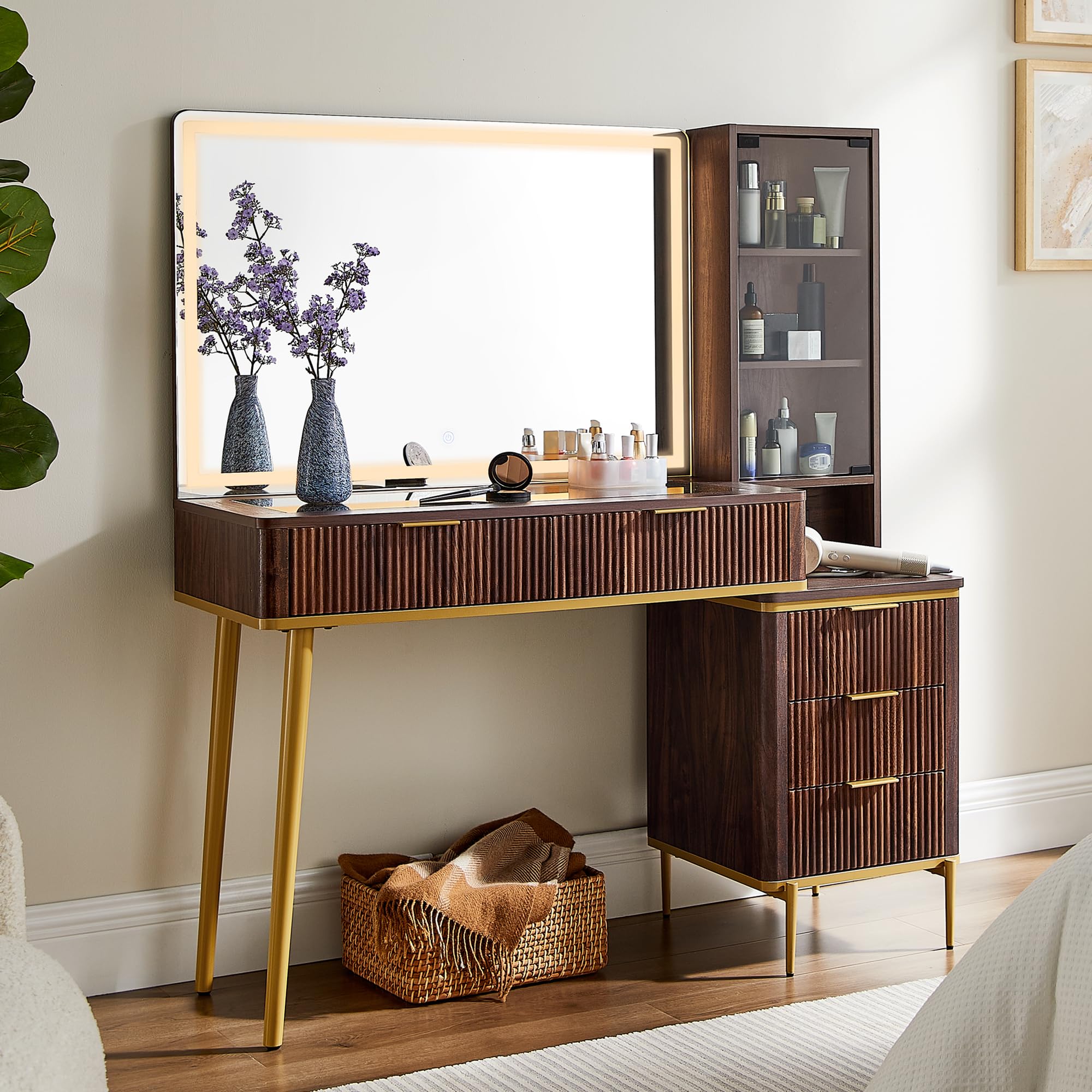 T4TREAM Fluted Makeup Vanity Desk with 36" HD Lighted Mirror, 48" Big Modern Vanity Desk with Mirror and Lights, Dressing Table with 5 Drawers & Shelves, Glass Top for Bedroom (Dark Walnut)