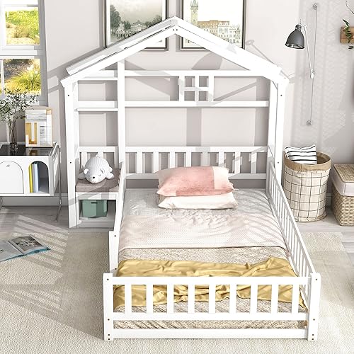 Miniatura 64 de Cama de madera de tamaño individual con cabecero en forma de casa con vallas, altura baja al suelo, para dormitorio de niños y niñas (blanco-01)