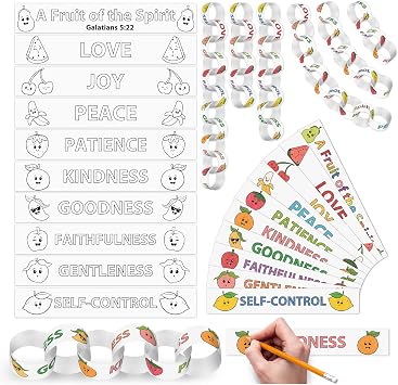 COcnny Bible Coloring Paper Craft - 200pcs DIY Religious Fruit of Spirit Chain Kit, Color Your Own Strips to Make Garland, Creative Art Activity for Easter Christian Classroom Spring Decor 10 Styles