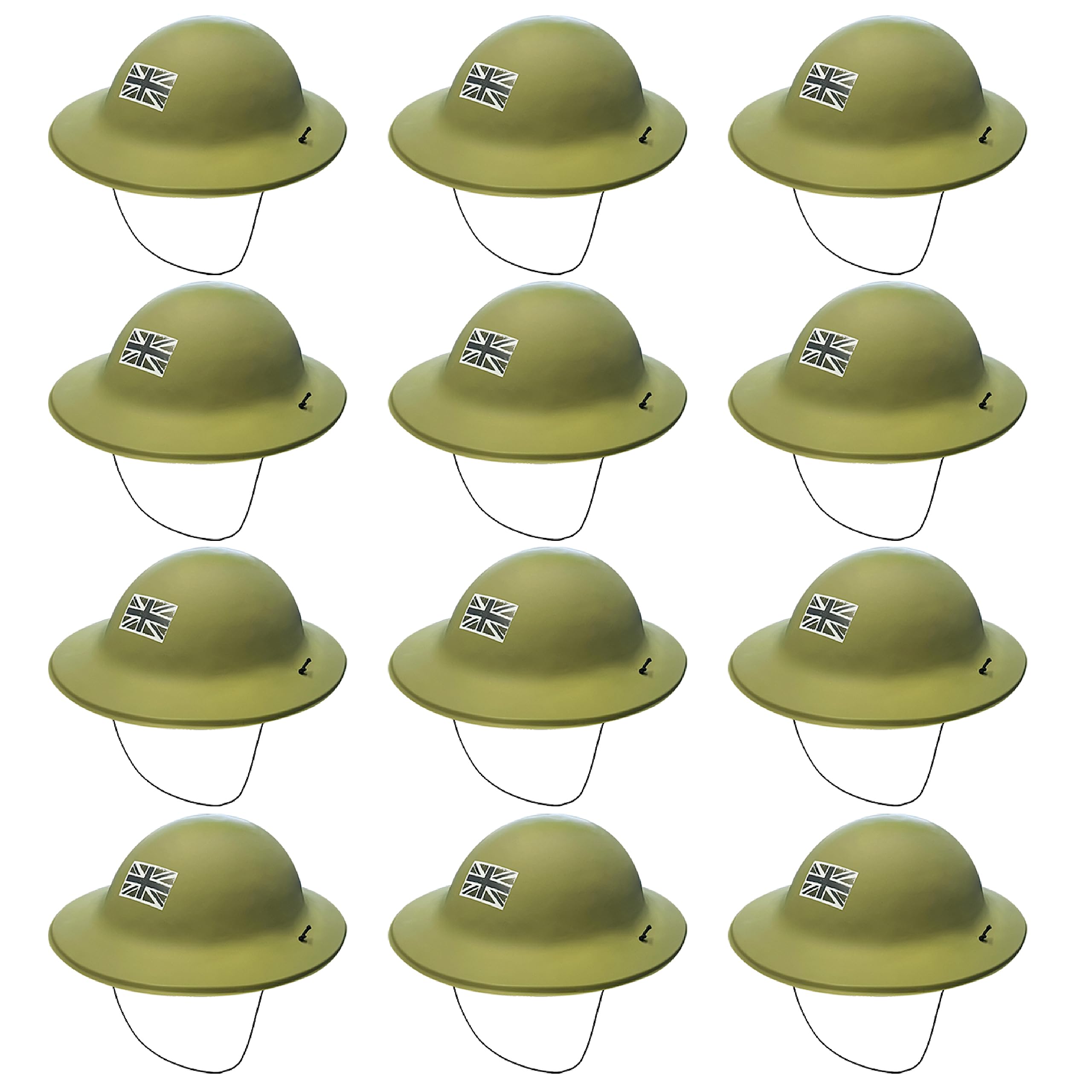 Adults Army Helmet - Pack of 12 - Green Plastic Army Helmets with Union Jack Badge - Mens Womens Military Armed Forces Day Fancy Dress Costume Accessory VE DAY COMMONWEALTH