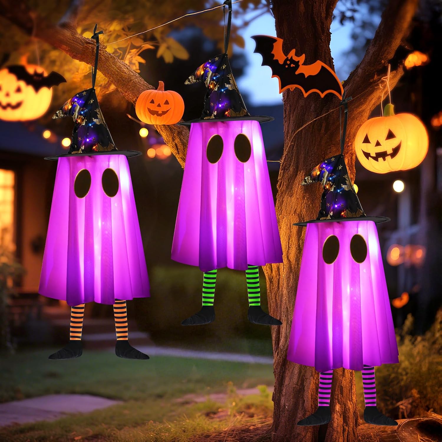3P Lights Up Hanging Ghosts Halloween Decorations Outdoor(Purple & Orange), Timer, IP65 Waterproof, Battery Operated Halloween Lights with Witch Hats, Holiday Decorations for Tree Patio Garden 3P Lights Up Hanging Ghosts Halloween Decorations Outdoor(Purple & Orange), Timer, IP65 Waterproof, Battery Operated Halloween Lights with Witch Hats, Holiday Decorations for Tree Patio Garden