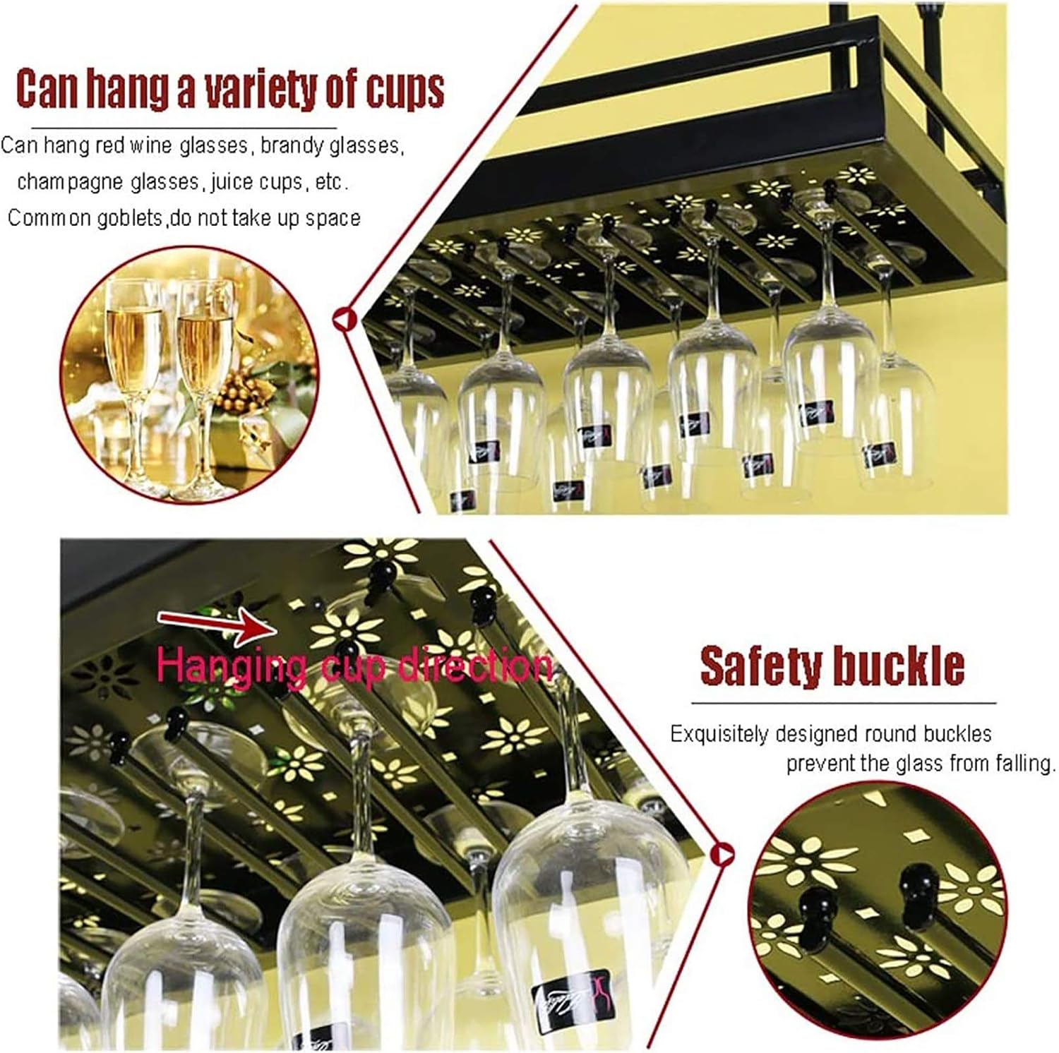 Hanging Wine Glass Holder Ceiling Wine Racks,Hanging Wine Glass Holder,Wall Mounted Wine Holder Adjustable Height Hanging Stemware Holder,for Bar/Kitchen Wine Shelf