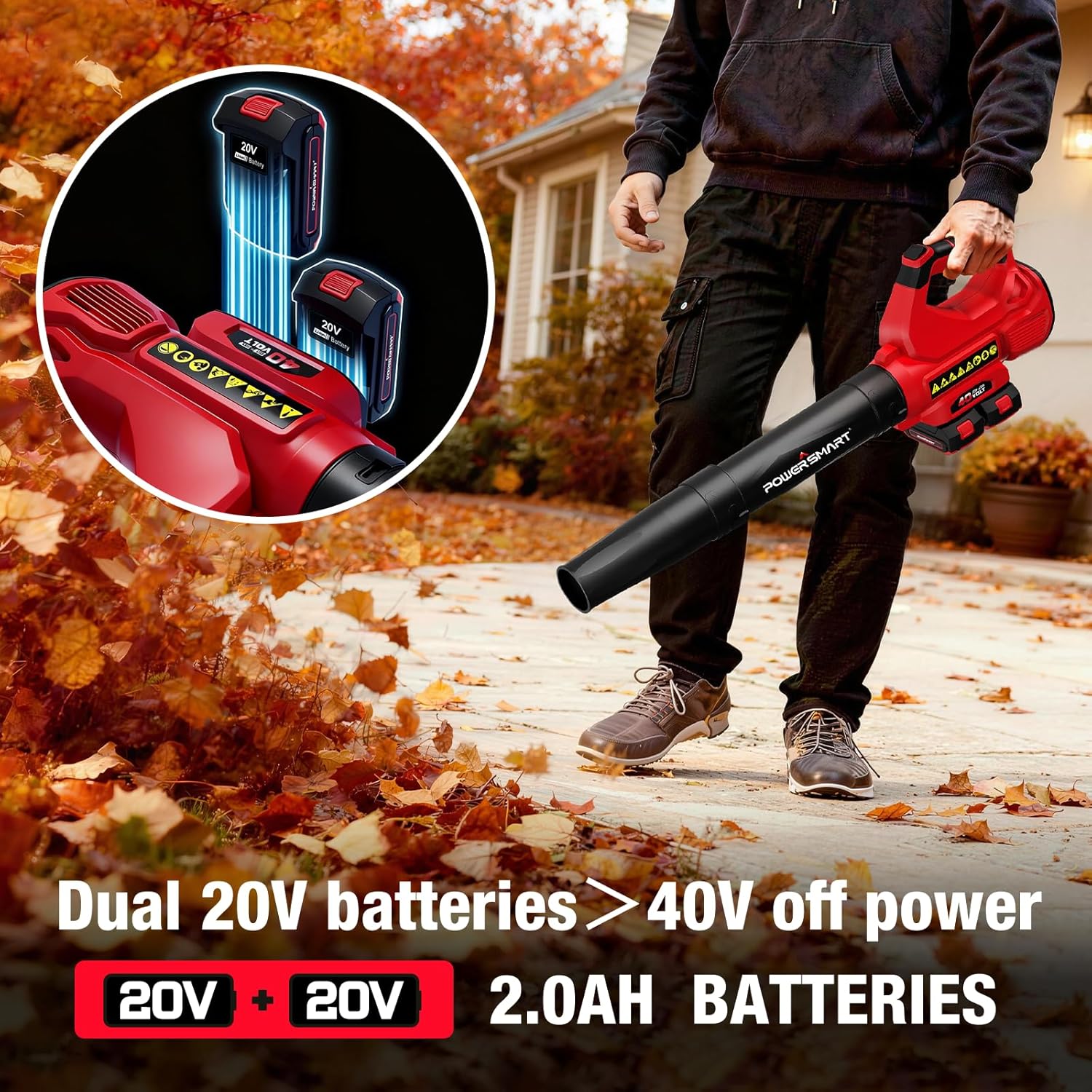 PowerSmart Cordless Leaf Blowers for Lawn Care,40V Battery Leaf Blower Cordless with 2X 2.0Ah Batteries and Fast Chargers,2 Speed Mode,High Power,Blowing Fallen Leaves,Snow and Dust, etc.