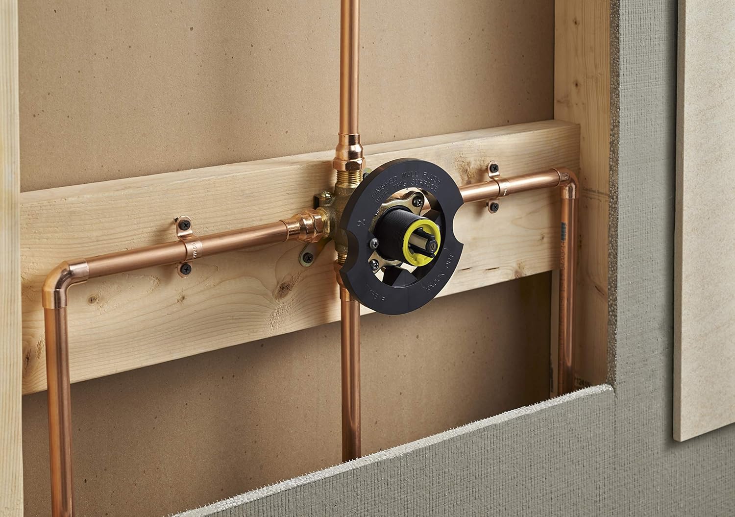 Pfister valve assembly installed in a wall