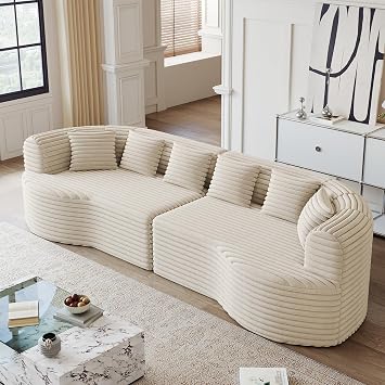Oversized Curved Sectional Sofa, 111 Modern Boneless Modular 4-Seater Couch with 6 Pillows Corduroy Deep Seat Sofas for Living Room No Assembly Required, Beige