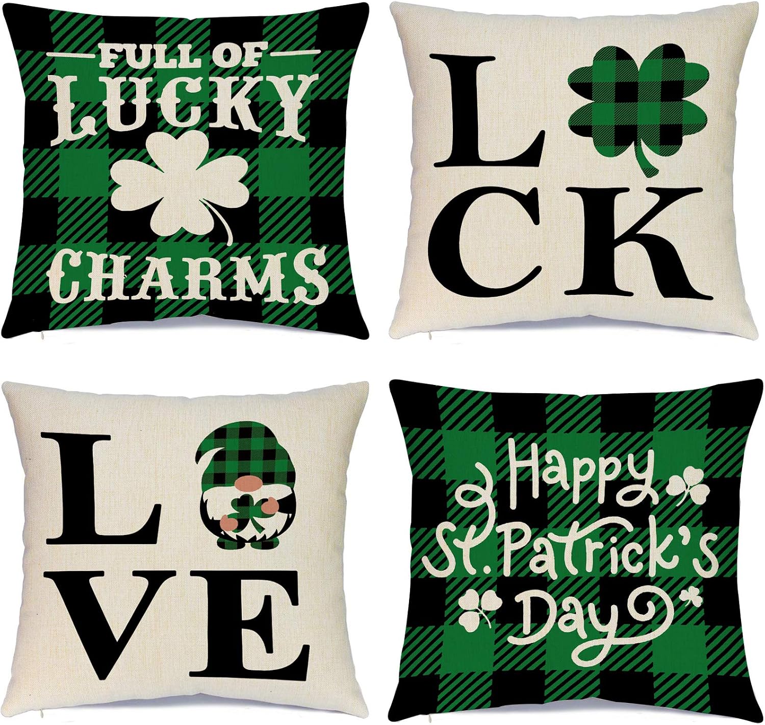 Hlonon St. Patrick’s Day Pillow Covers 18 x 18 Inches Set of 4 St. Patrick's Day Decorations Buffalo Check Pillow Covers for Irish Shamrock Holiday Sofa Couch Bedroom Home Decor