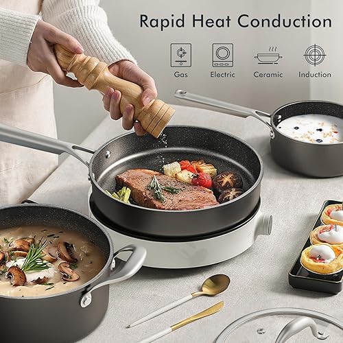 Miniatura 4 de Wodillo Juego de ollas y sartenes antiadherentes, juego de utensilios de cocina de inducción, juego de cocina antiadherente con sartenes y