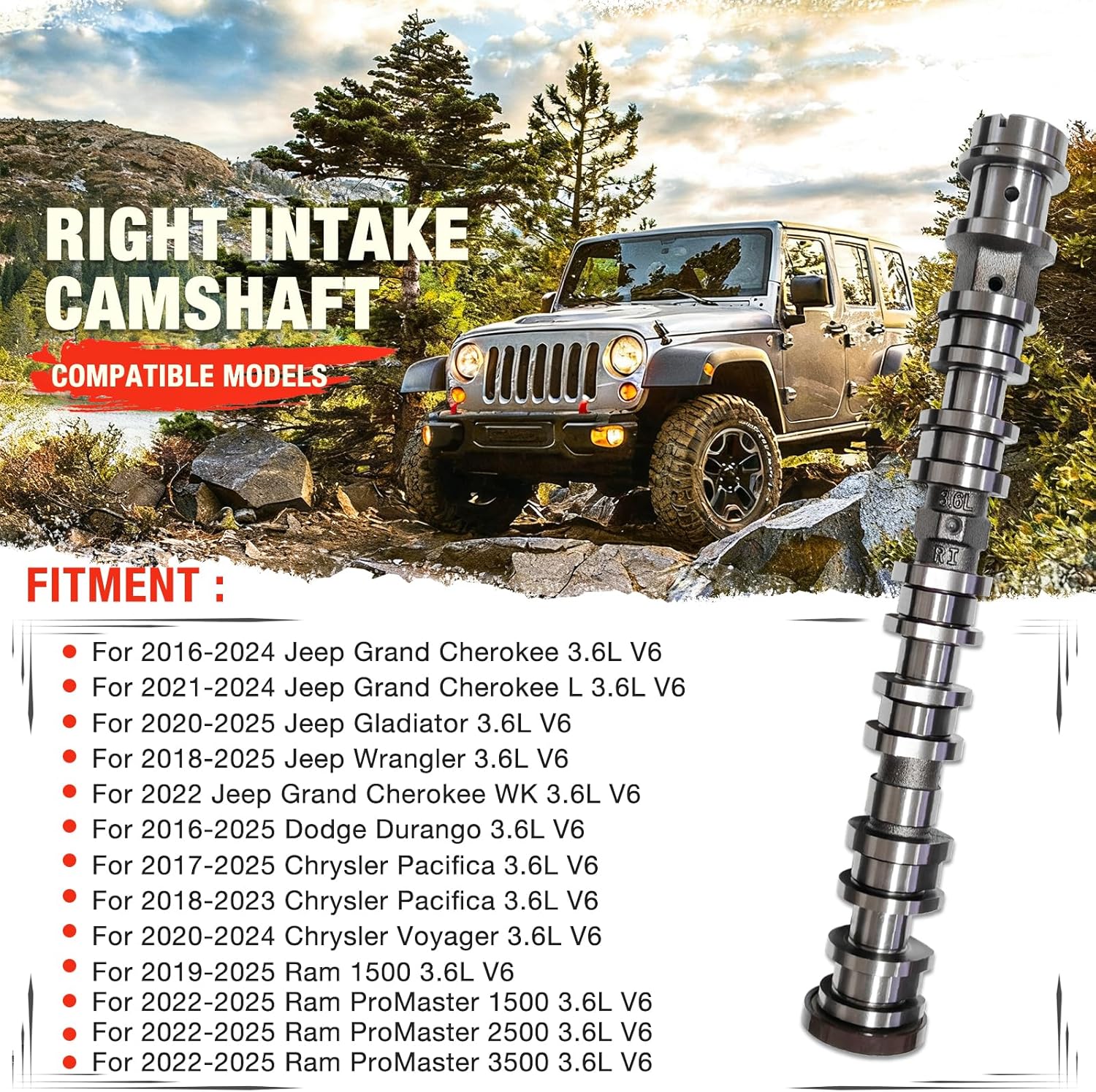 5047913AD Intake Camshaft Right Side Compatible With 2016-2024 Jeep Grand Cherokee Chrysler Dodge Ram 1500 3.6L V6 Engine Replace 5047913AA 5047913AB 5047913AC