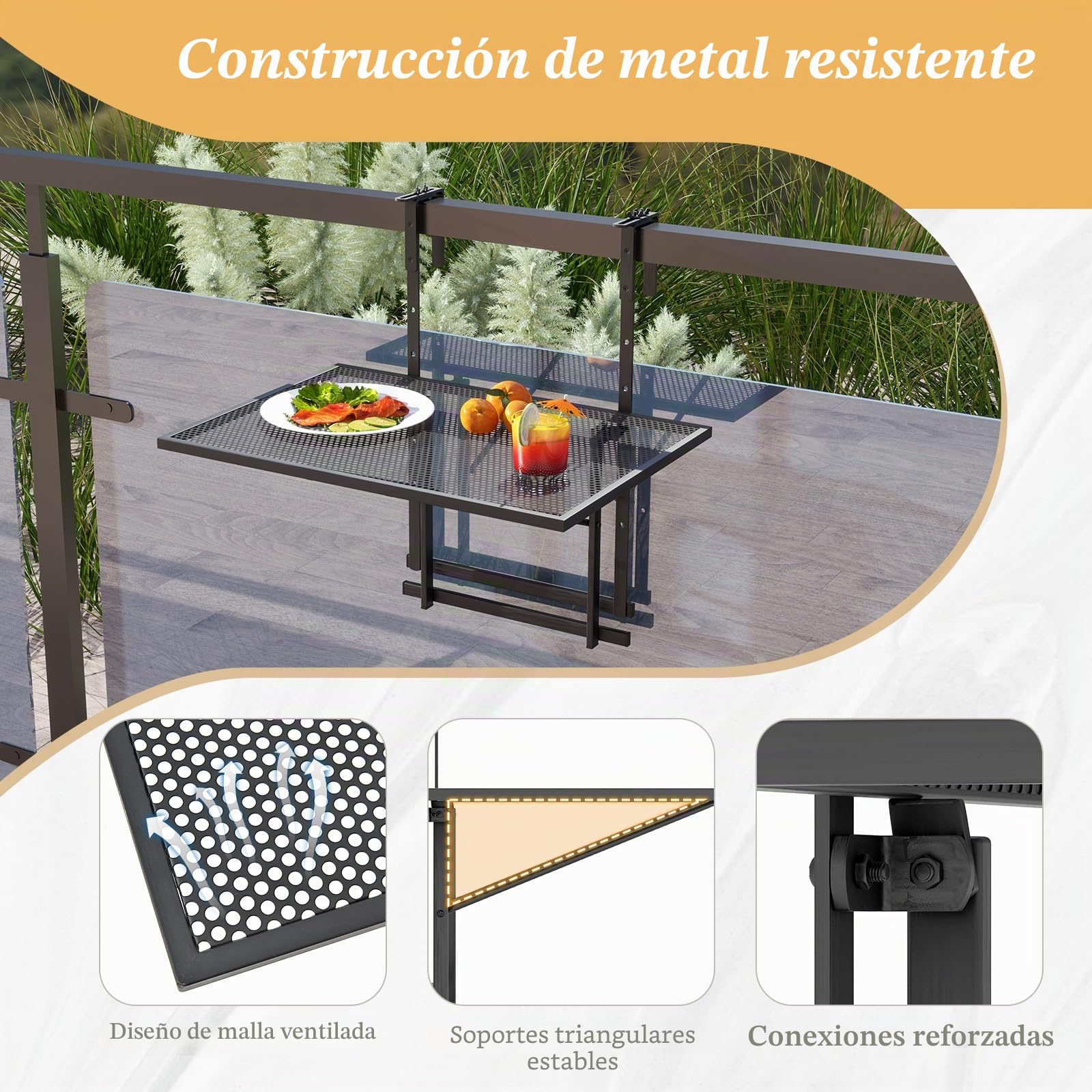 GIANTEX Mesa de Balcón Plegable, Mesa Auxiliar Metálica para Barandilla | 60,5x40,5x82,5cm, Mesita con 5 Alturas Ajustables, Marco de Metal, Tablero de Malla, para Terraza