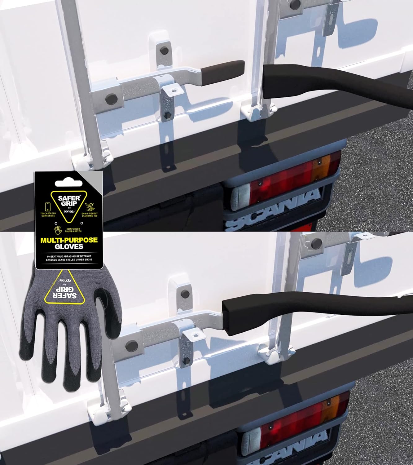 OPNBar Version 2 (1 Pack) Large Mouth Leverage Bar with SAFER GRIP Gloves - for Shipping Container Doors - no 5th Wheel Release - Made in The USA by SCS International