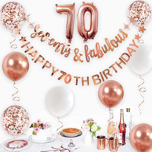 Miniatura 3 de Guirnalda de globos de aluminio de 70 cumpleaños de 70 años de oro rosa para mujer, decoraciones de cumpleaños 70 para colgar de 70 años y fabulosos