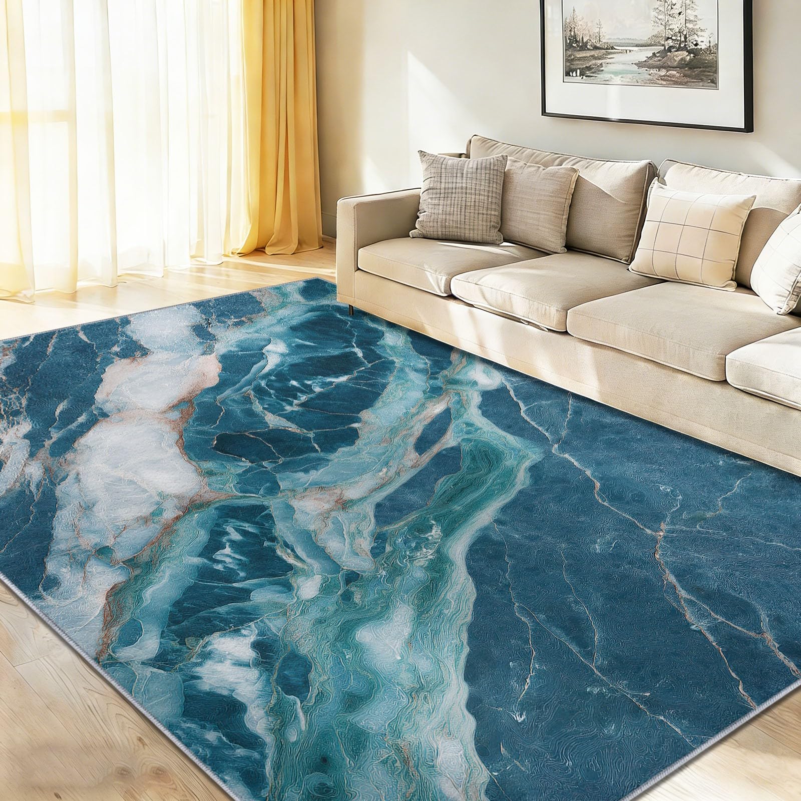 Tapis de chambre bleu 60x90 cm effet marbre moderne et lavable