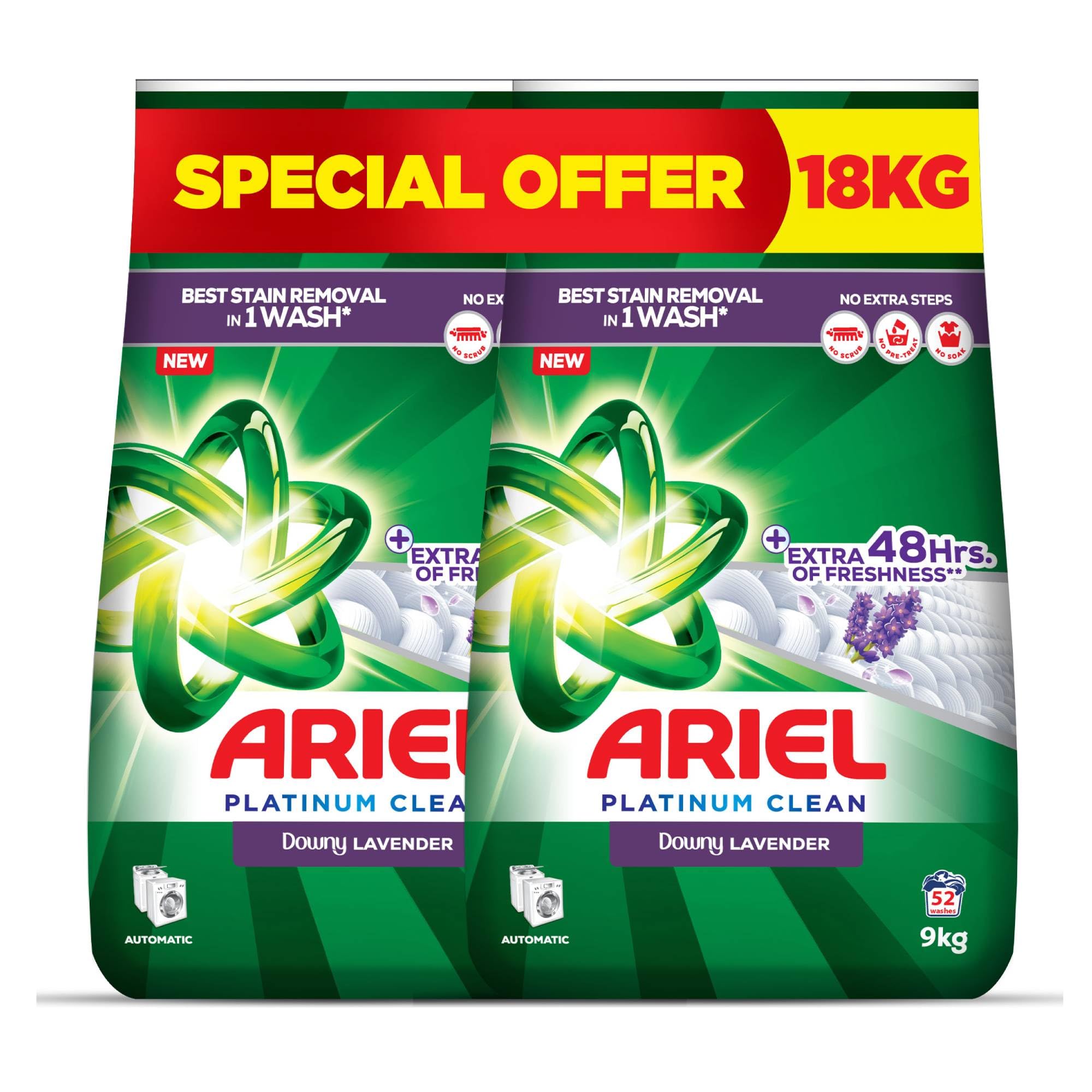 Ariel Fast Dissolving Laundry Detergent Powder with Lavender, (2x9) 18 KG