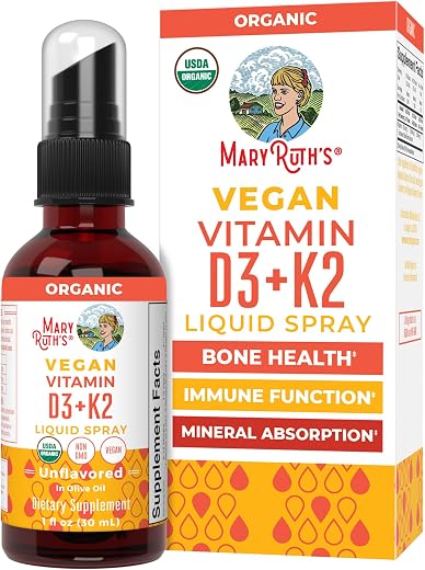 MaryRuth’s Vitamin D3 | K2 | Liquid Spray | Supplement for Adults & Kids | Calcium Absorption Strong Bones | Vegan | Non-GMO | Gluten Free | 1 Fl Oz
