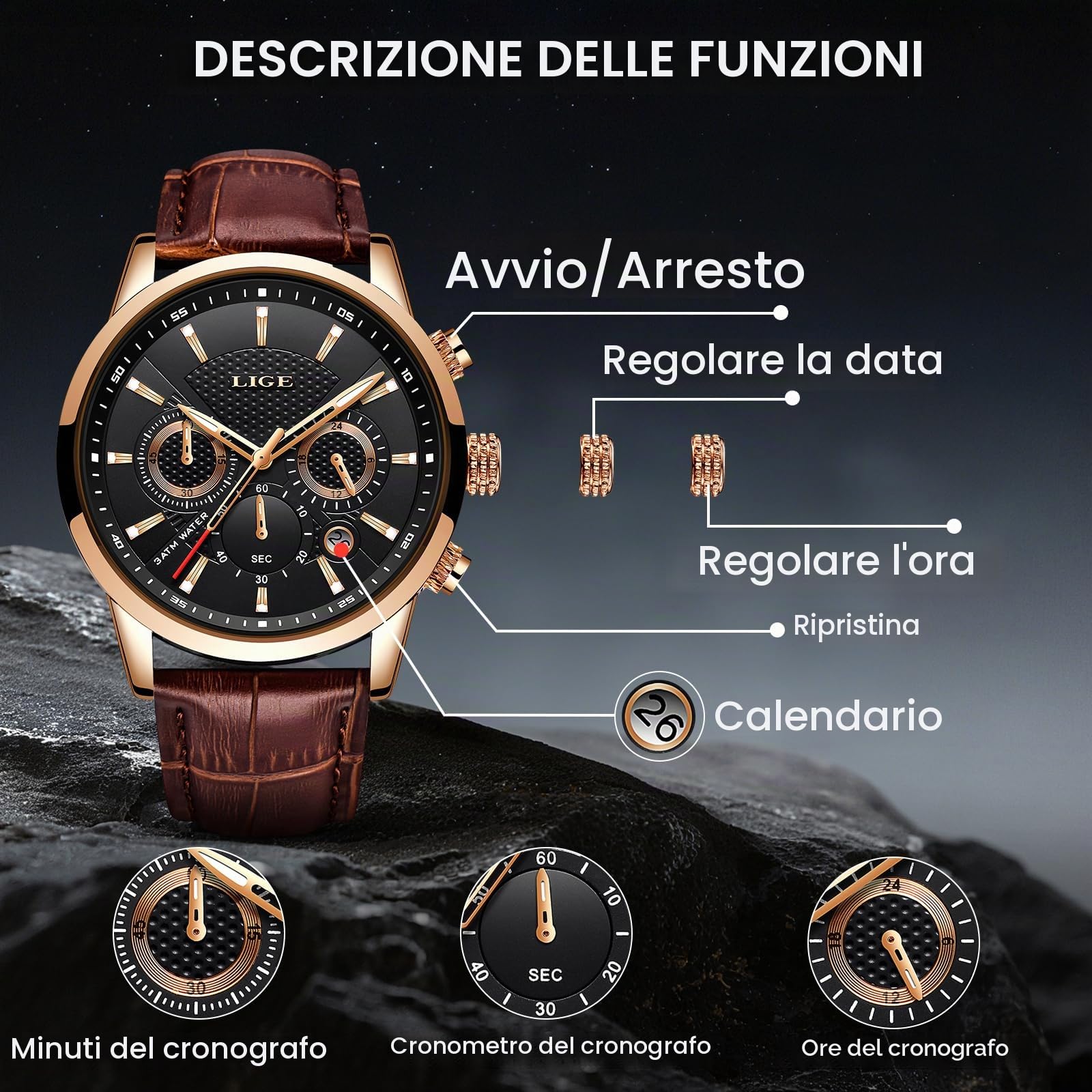 LIGE Orologio Uomo Mode Elegant Acciaio Inossidabile Pelle Impermeabile Analogico Quarzo Classico Cronografo
