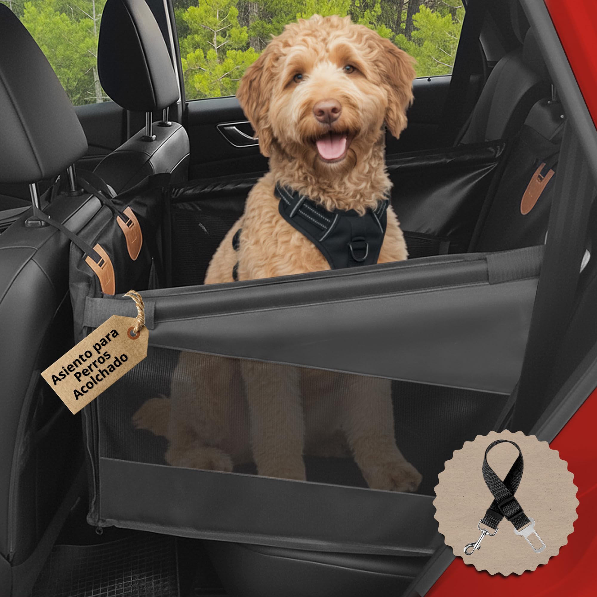 Asiento Coche Perro Mediano – Asiento Impermeable, Base Rigida, Acolchado, Ventilado - Dog Car Seat - No Deja Pelos – Seguro y Resistente - Viajes y Escapadas – Silla Perro Coche Robusto hasta 25 Kg