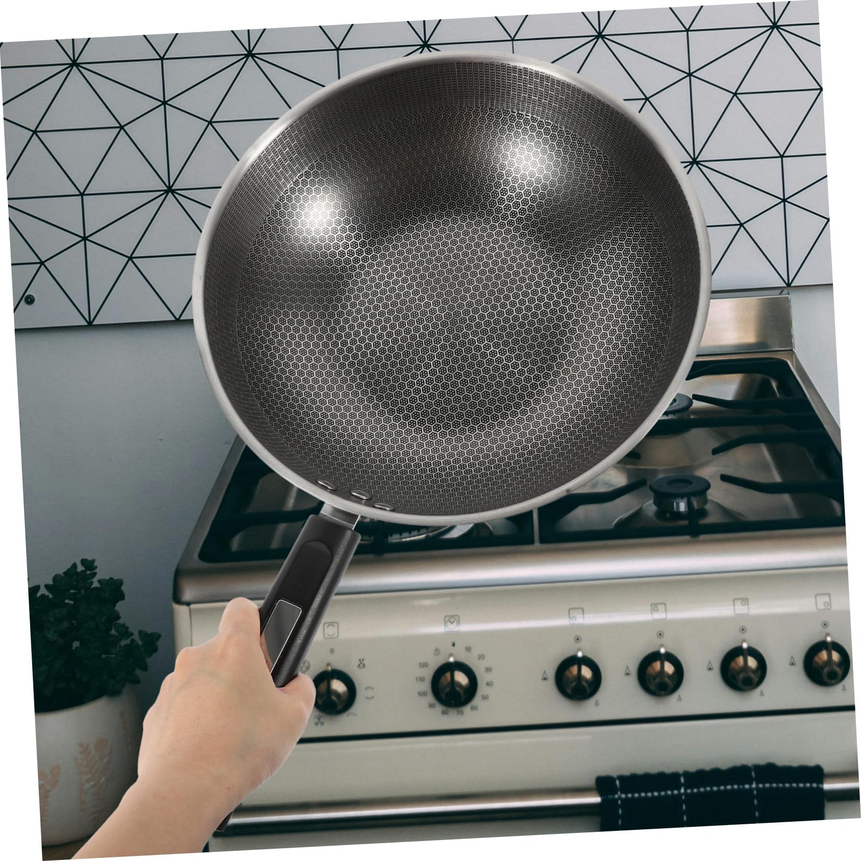 Mikikit Padella in Acciaio Inox Nido D'ape Fondo Piatto, Antiaderente e Distribuzione Uniforme del Calore, Manico in Bakelite, per Friggere Uova e Carne