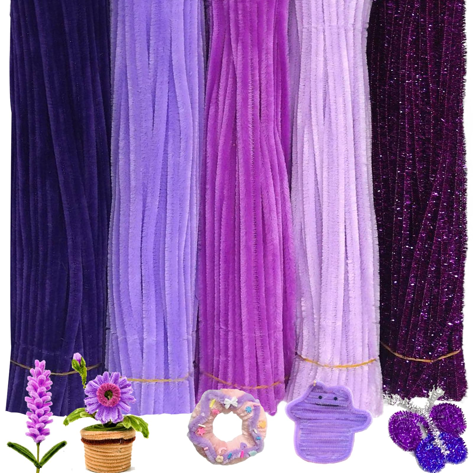 Lot de 500 cure-pipes violets, 5 couleurs assorties pour travaux manuels, cure-pipes d'Halloween, tiges pelucheuses en chenille pour loisirs créatifs, projets créatifs
