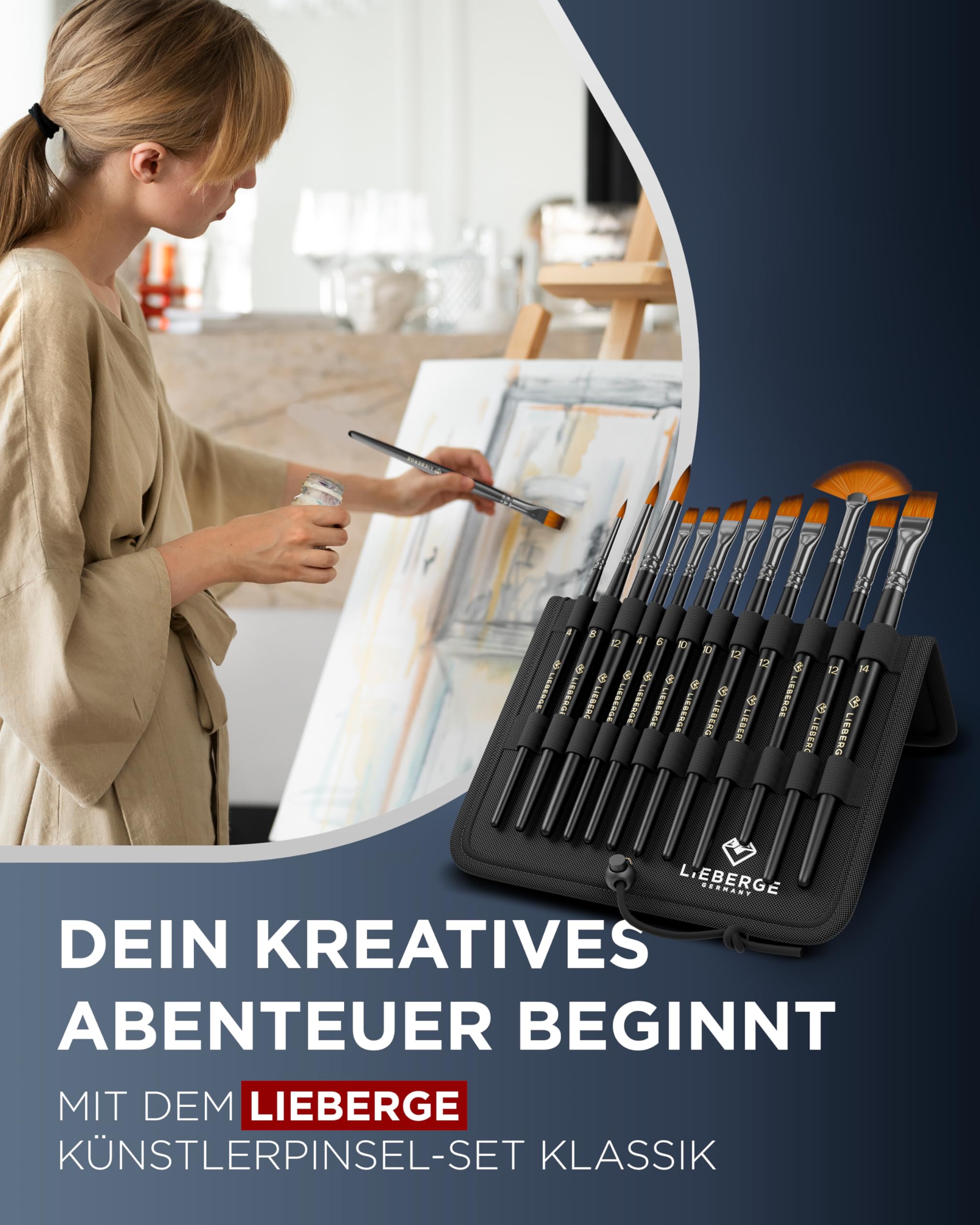 LIEBERGE Set 12 Pennelli Acrilici Premium | Senza Perdita Di Pelo | Per Acquerello, Olio E Gouache | Con Custodia Regalo
