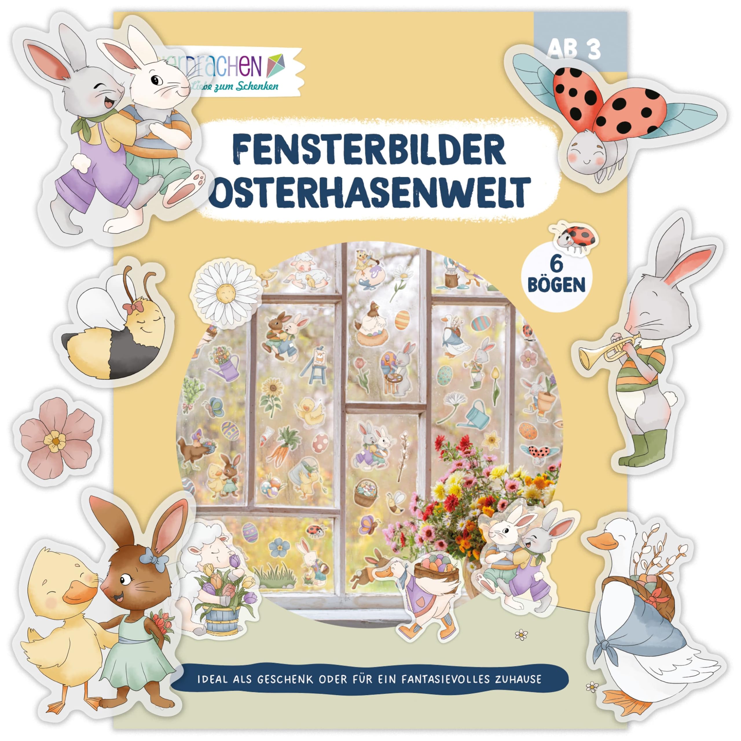 Papierdrachen Fensteraufkleber Osterhasenwelt - 6 Stickerbögen mit fröhlichen Ostermotiven - Kinderzimmer - Fensterdeko - statisch haftend - Ostern - Set 01