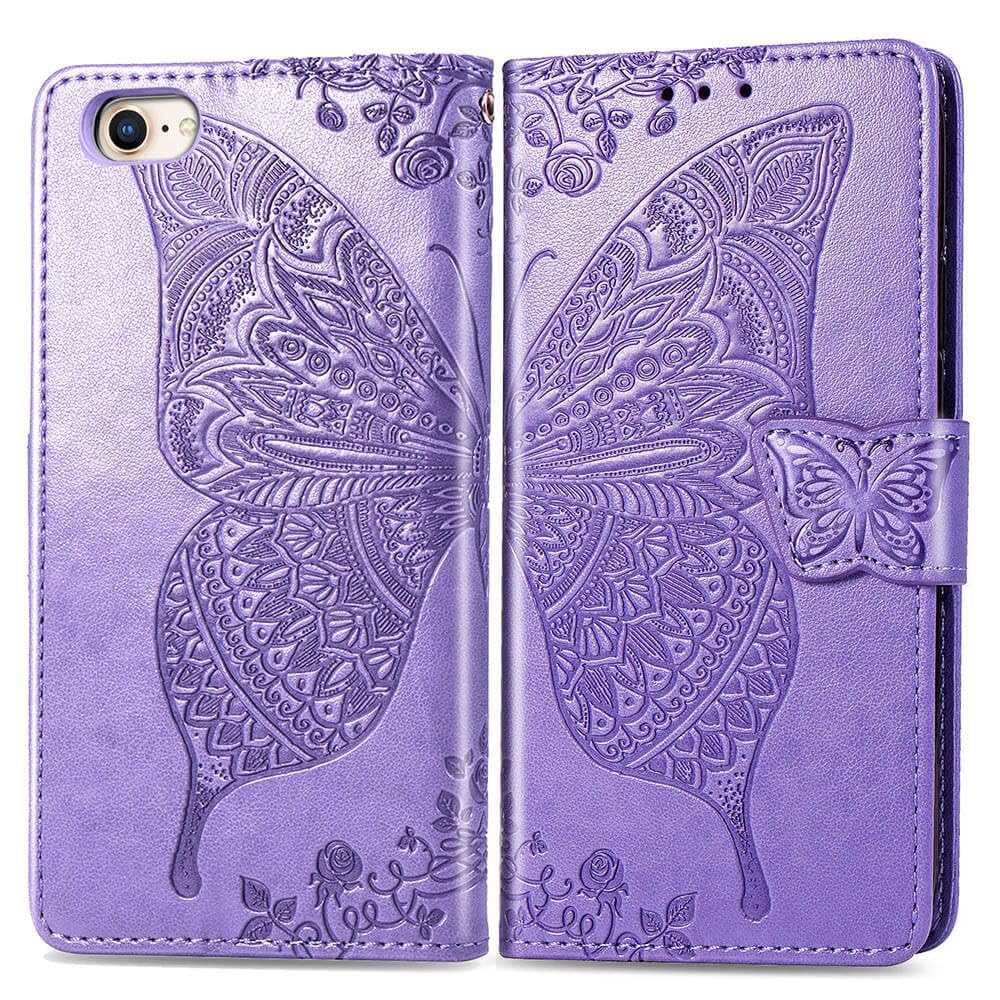 KRHGEIK Wallet Case for iPhone SE 2020/SE 2022/iPhone 8/iPhone 7,Women Butterfly Emboss PU Leather Credit Card Holder Slots Flip Folio Cover for iPhone 7/8/SE 2nd/SE3,4.7 Inch (Lavender)