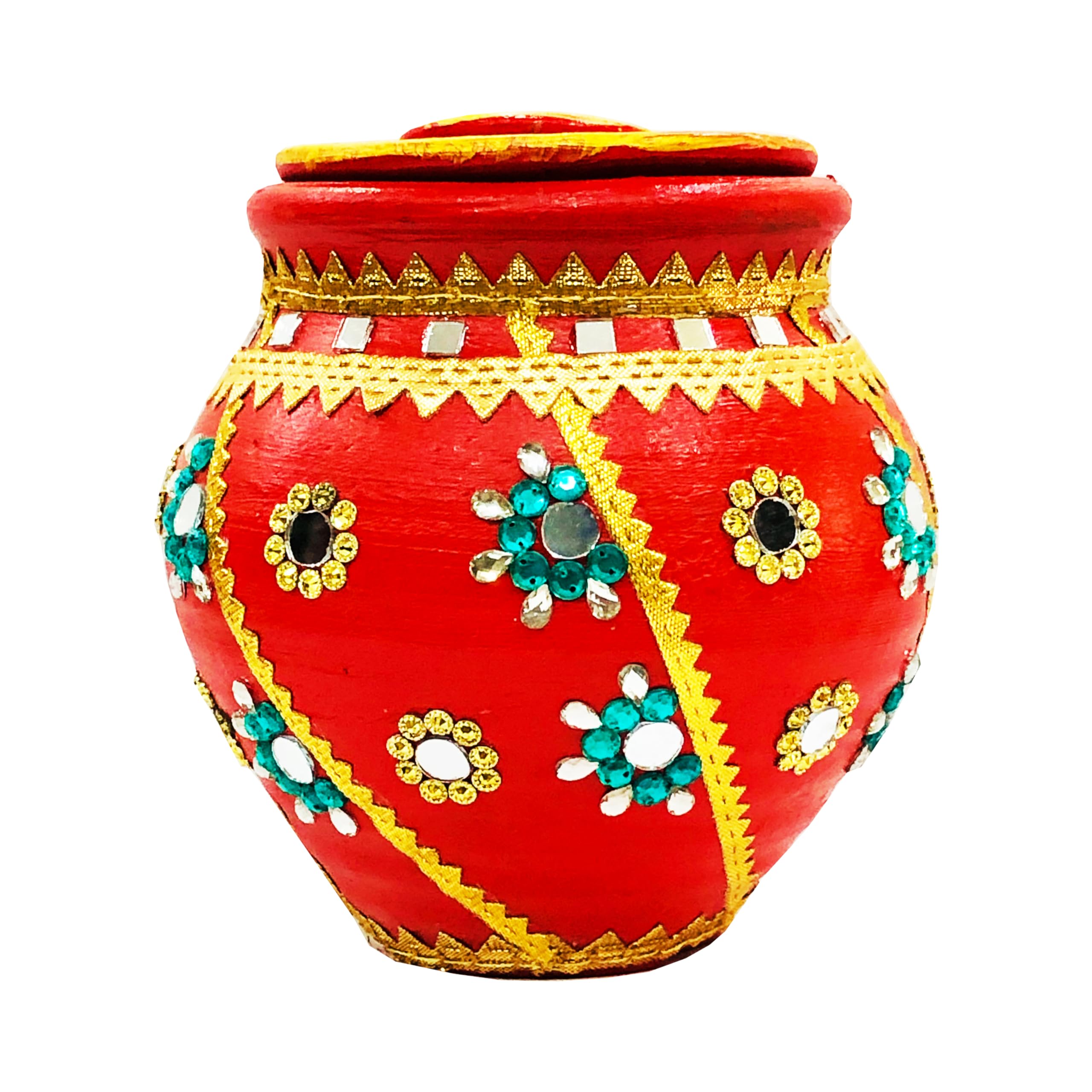Handcrafted Decorative Terracotta Earthenware Clay Karva with Lid And Diya, Mitti Karwa Lota for Karwachauth Puja, Clay Kalash (Karwa with Dhakan and Diya)