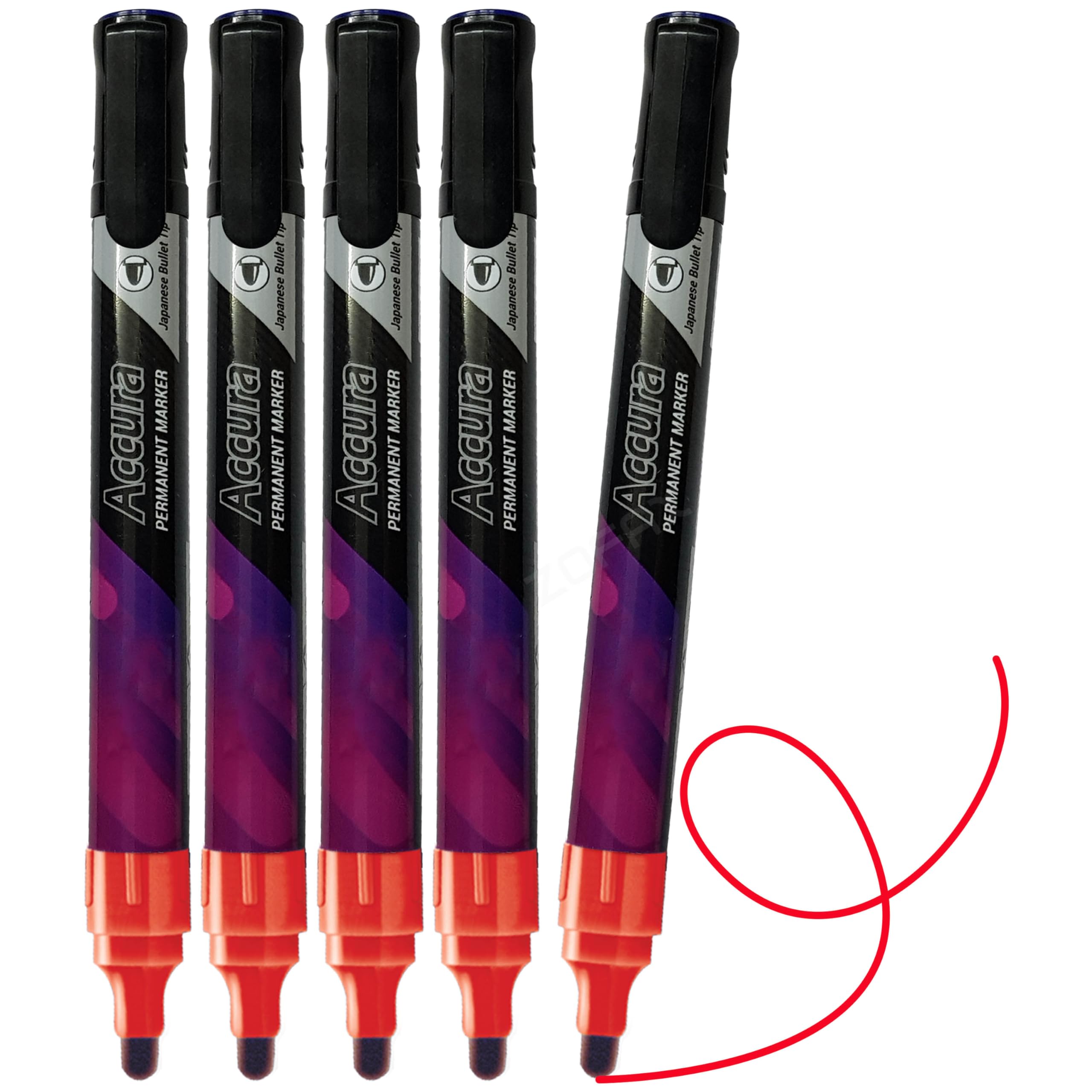 CLARITY Permanent Marker Pens, RED, Bullet Tip (2.0mm), Pack of 5, Marks on Most Surfaces, Waterproof, UV resistant Ink, Non-Toxic, iZOFAX Black Ball Pen