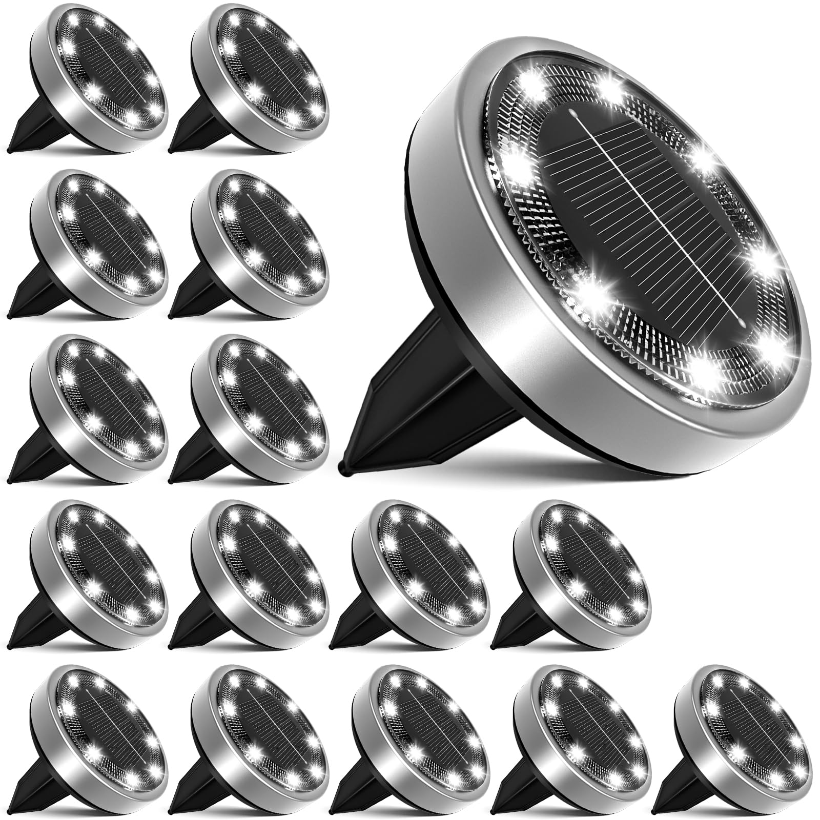 nipify Luces Solares LED Exterior Jardin Suelo, 16 Piezas Luz Solar Piscina, IP65 Impermeable Lampara Solares para Césped, Patio, Camino, Escalón, Blanco frío