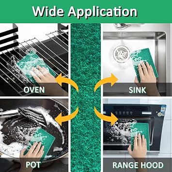 CONLI 100 PCS Scouring Pad Reusable Household Green Scrubbing Pads for Cleaning, Multipurpose 6 x 4 Non Scratch Scrubbing Pads for Kitchen Dishes Pan Metal Grills