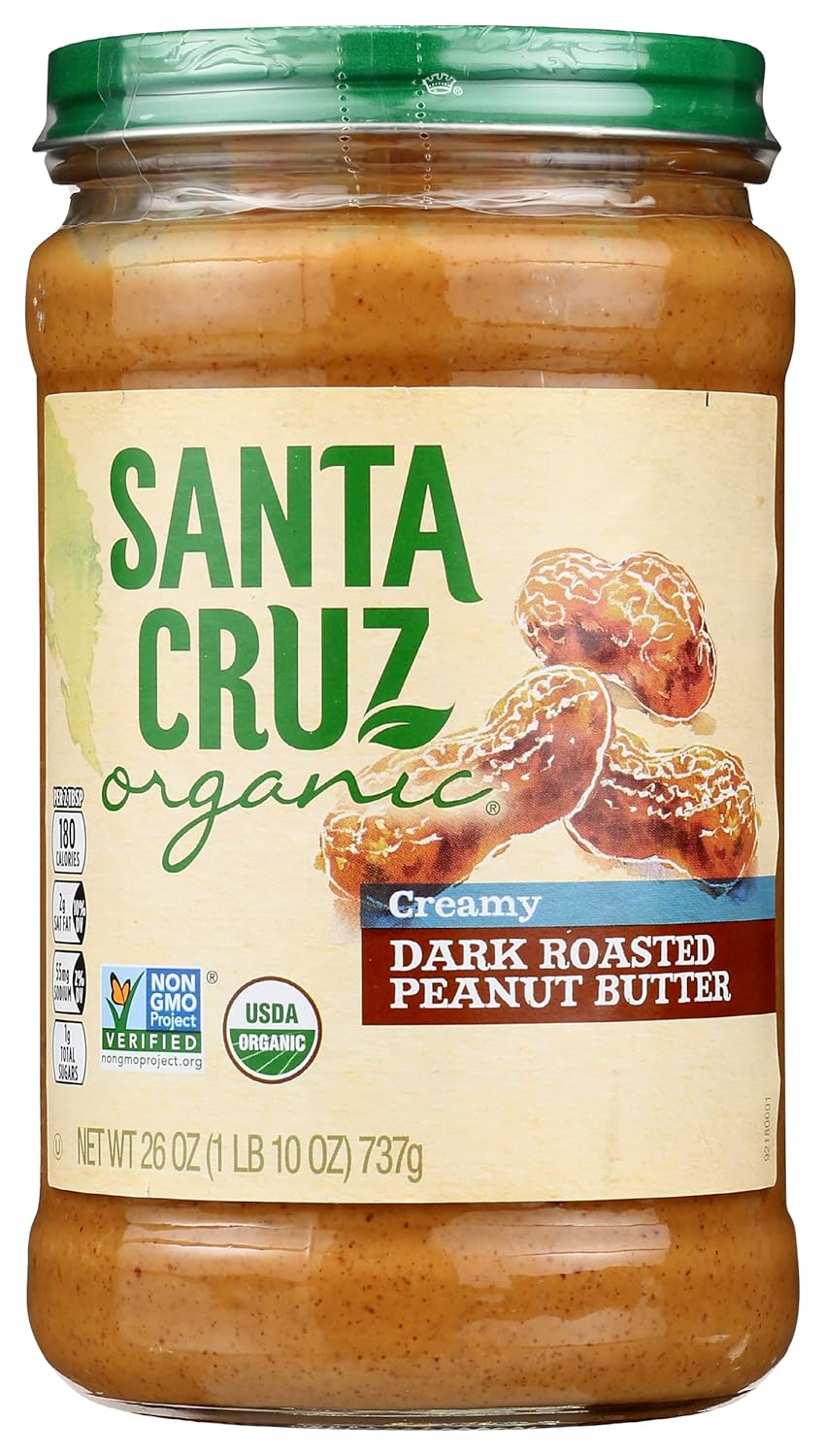 Santa Cruz Organic Creamy Dark Roasted Peanut Butter, USDA Certified Organic, Non-GMO, 26 Oz (Pack of 6)