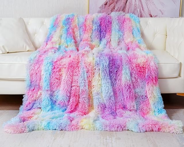 KANKAEU Blanket, Rainbow Blanket, Fluffy Blanket 160x200cm, Ultra Warm Blanket, Living Blanket, Soft and Comfortable Throw, Wool Faux Fur Blanket, Sofa Blanket, Wool Blanket, Bedspread
