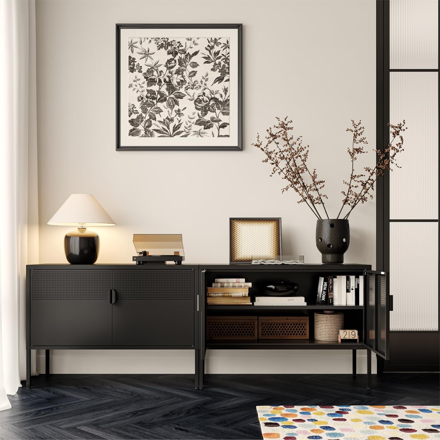 COFaR TV Stand for TVs up to 75 Inch, 40‘’L Media Console with Ventilation Doors, Metal Entertainment Center with Adjustable Shelves & 120Lbs Storage for Living Room & Bedroom, Black