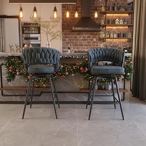Juego de 2 taburetes de bar giratorios de tela de gamuza con giro de 360, base de metal y reposapiés, respaldo tejido tapizado para comedor, mesa de