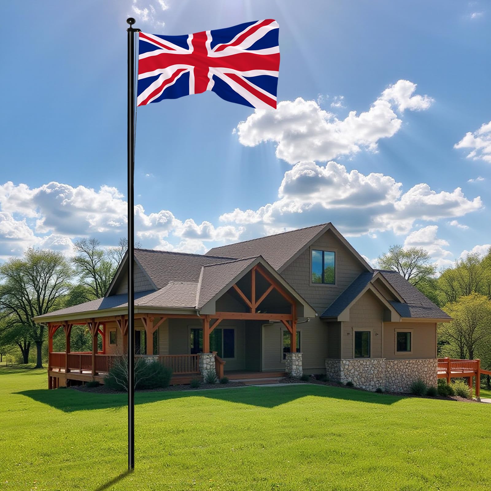Bonnlo 20FT/6.1M Sectional Aluminum Flagpole, Thick Tube Halyard Flag Pole, Kit Free 3'x5' UK United Kingdom Flag Golden Ball Top Halyard Rope PVC Sleeve, Outdoor Residential Garden, Balck