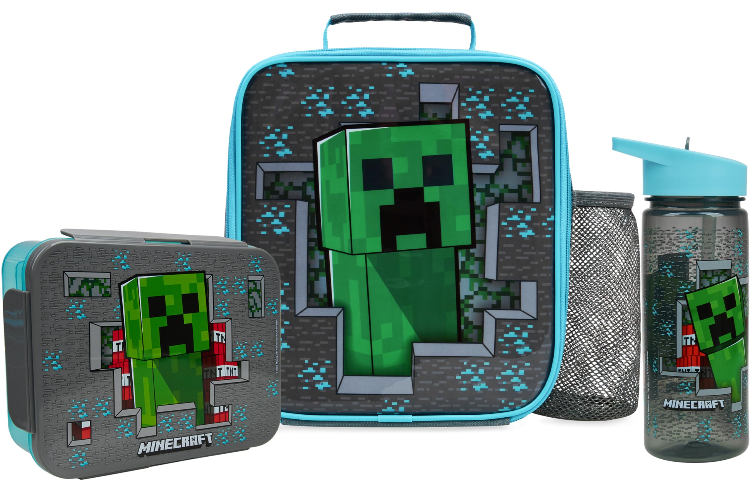 Get Trend Minecraft Sac Isotherme Repas Enfant, Gourde et Boite Bento, Kit Déjeuner de 3 Accessoires Scolaires, Sans BPA, École Voyage Pique Nique (Multi Minecraft)
