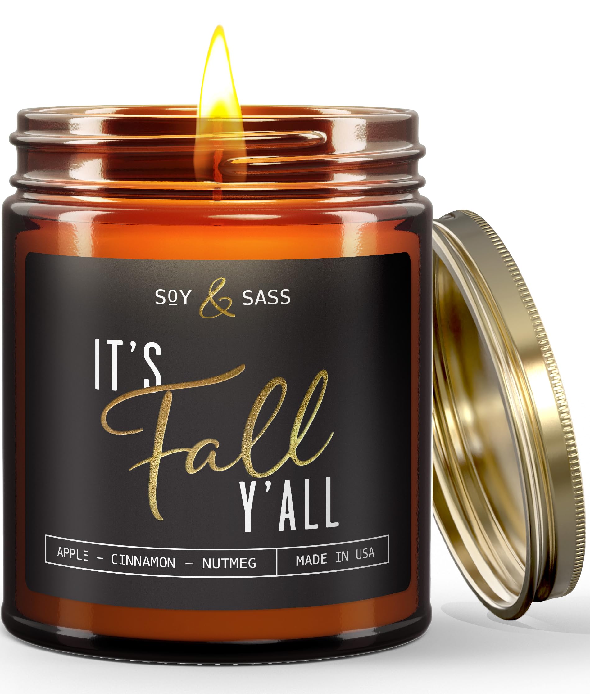 Fall Candles - 'It's Fall Yall' Fall Candle w/Apple Cinnamon & Nutmeg I Infused with Essential Oils I Autumn Fall Scented Candles I Cozy Cute Fall Décor Fall Gifts I 9oz Jar I 50Hr Burn I Made in USA