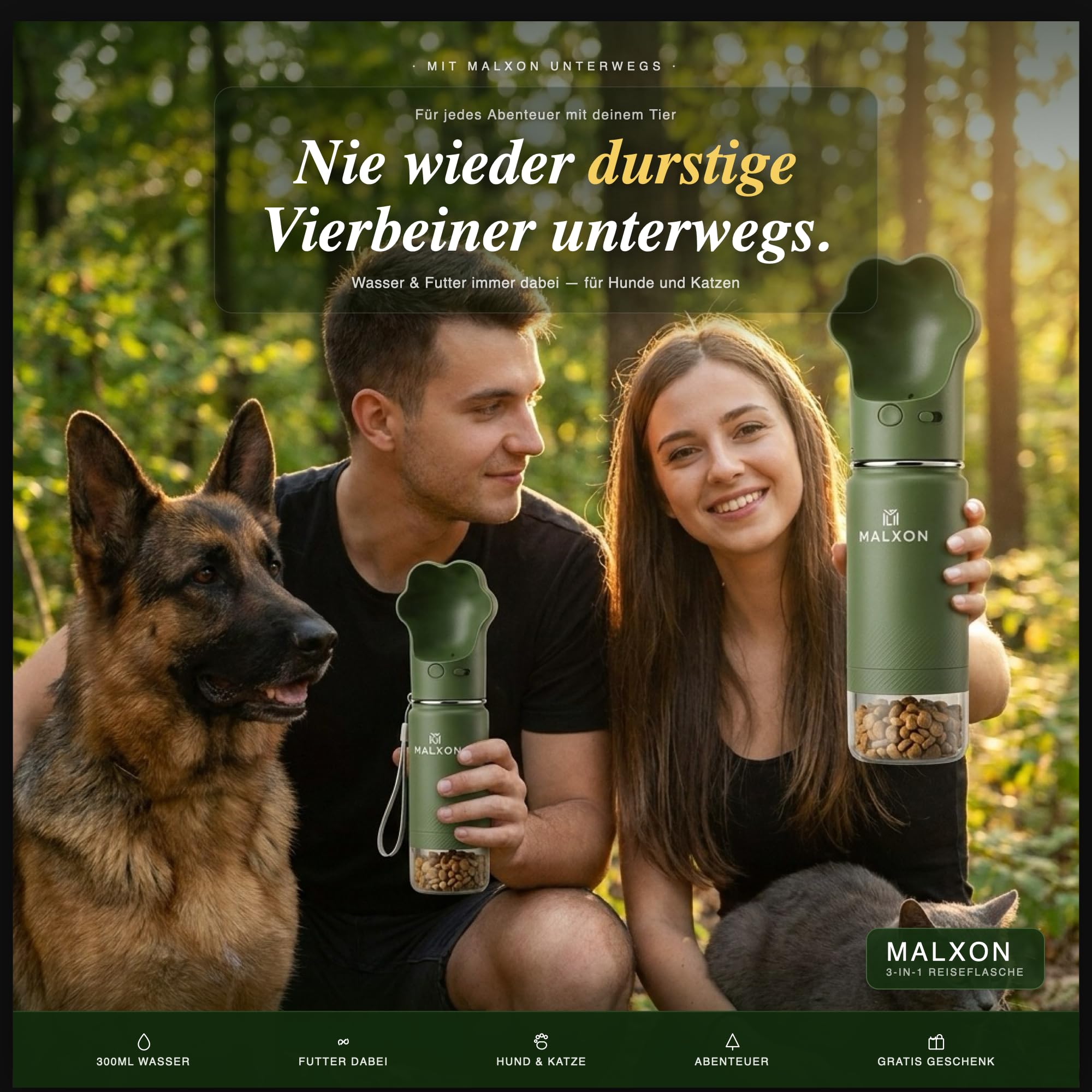 3-in-1 Trinkflasche Hunde für unterwegs – Wasserflasche mit Futterbehälter & Trinknapf – 300ml – Auslaufsicher – BPA-frei – Hunde & Katzen – inkl. Geschenk