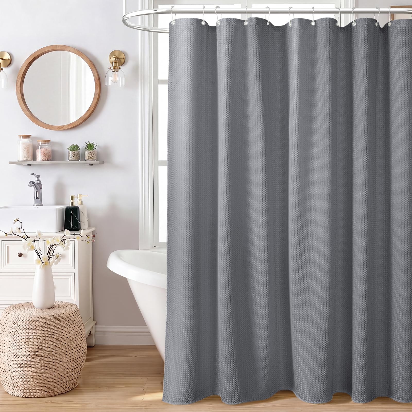 Dynamene Stall - Cortina de ducha de punto gofre de 256 g/m², tela pesada, 48 x 72 pulgadas, gris/gris | Juego de cortina de ducha de poliéster de lujo para hotel, 8 ganchos, 122,9 cm de ancho, dobladillo pesado, repelente al agua
