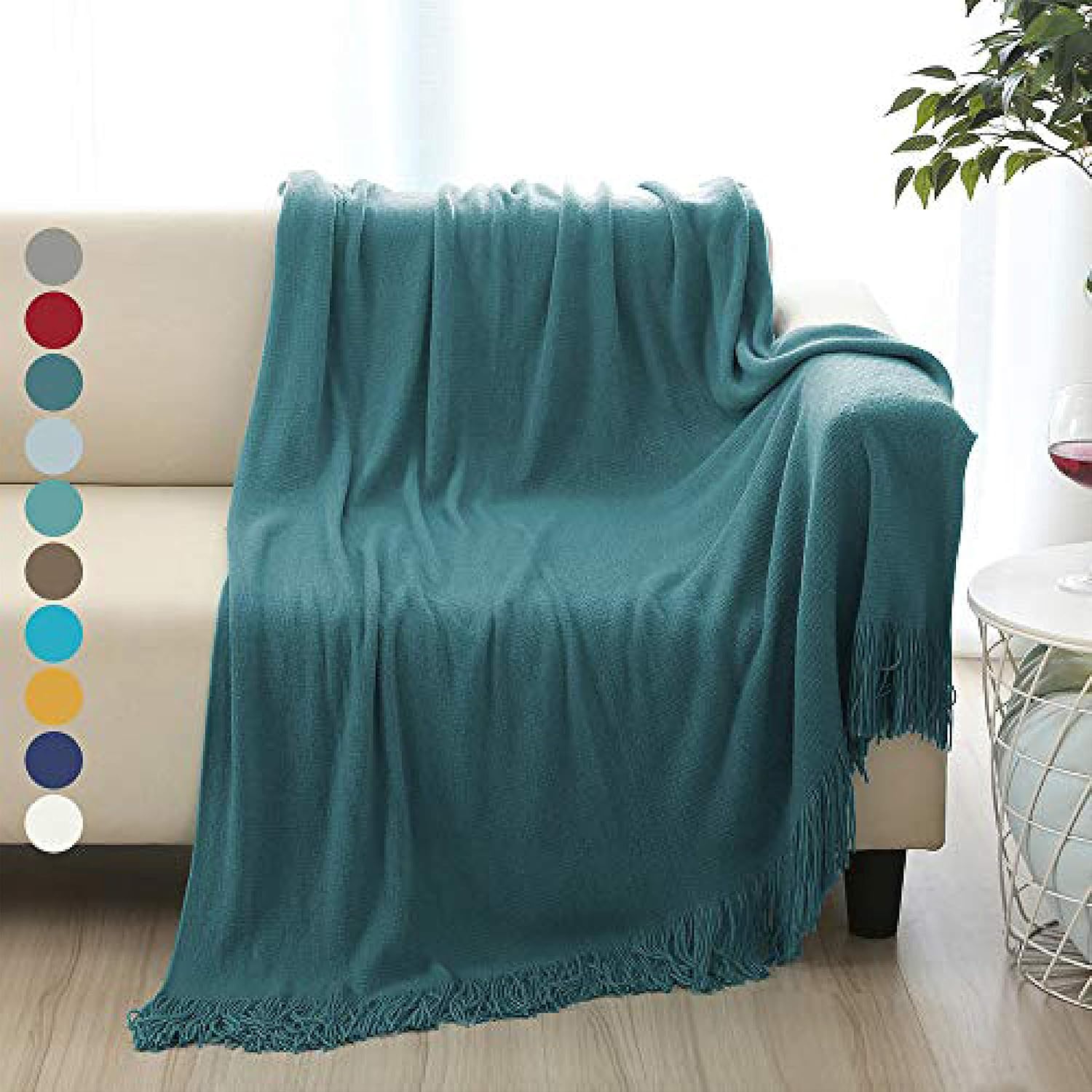 ALPHA HOME Throw Blanket for Couch 50x60 Warm Acrylic Durable Lightweight Blanket Decorative Bed Blanket Tassels with Solid Color Soft for Seasons Valentine's Day Machine Washable Smoke Blue