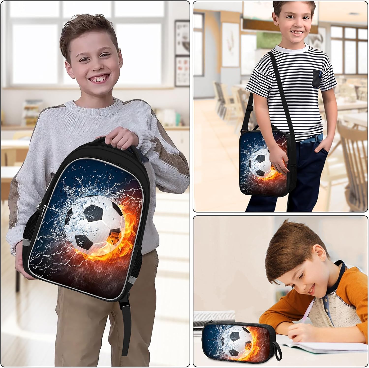 School Backpack for Boys - 4pcs Soccer Boys Backpack with Lunch Box and Pencil Case for Kids Children Teens Elementary Middle School - Students Bag for Ages 6-18,17″Bookbag Travel Back Pack - Image 7
