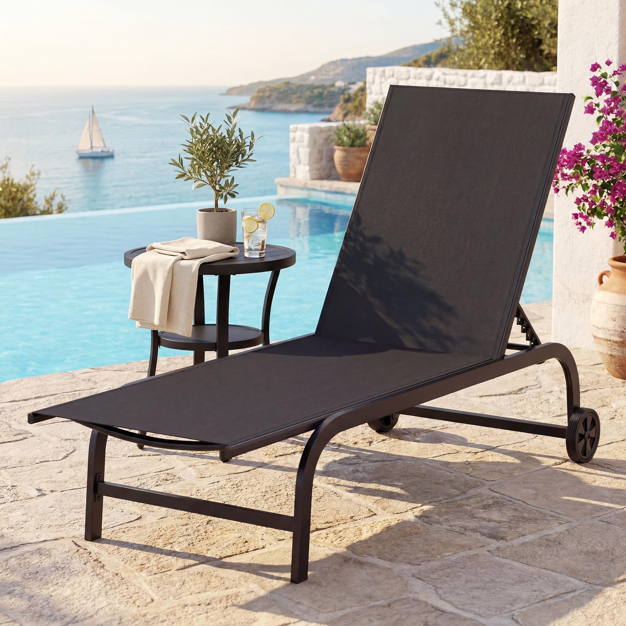 KOMFOTTEU Juego de 1/2 Tumbona de Jardín con Ruedas, Tumbona de Tela con Respaldo Ajustable en 6 Posiciones, Silla Reclinable de Exterior, Carga 150 kg, para Balcón, Terraza, Piscina (Negro x 1)