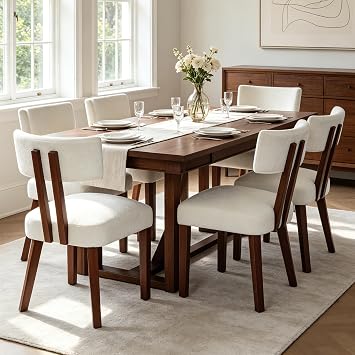 GOTMINSI Mid Century Modern Dining Chairs,Velvet Farmhouse Upholstered Kitchen Chairs, Accent Curved Backrest Dining Room Chairs with Hardwood Legs Off-White, 6PCS