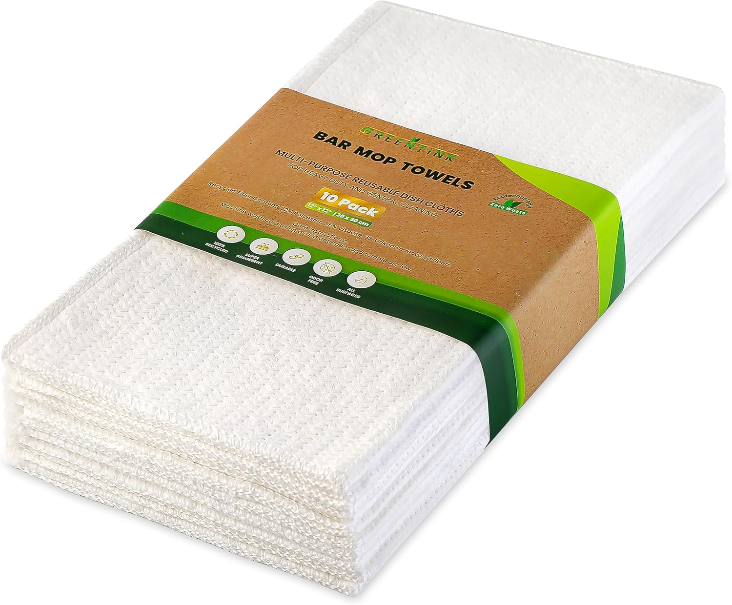 Eco-Friendly Bar Mop Towels Set – 10-Pk Multipurpose, Reusable Dish Cloth Made from Recycled Materials – Absorbent, Kitchen Towels & Non-Scratch Glass Cleaning Cloth, 16x24 in.