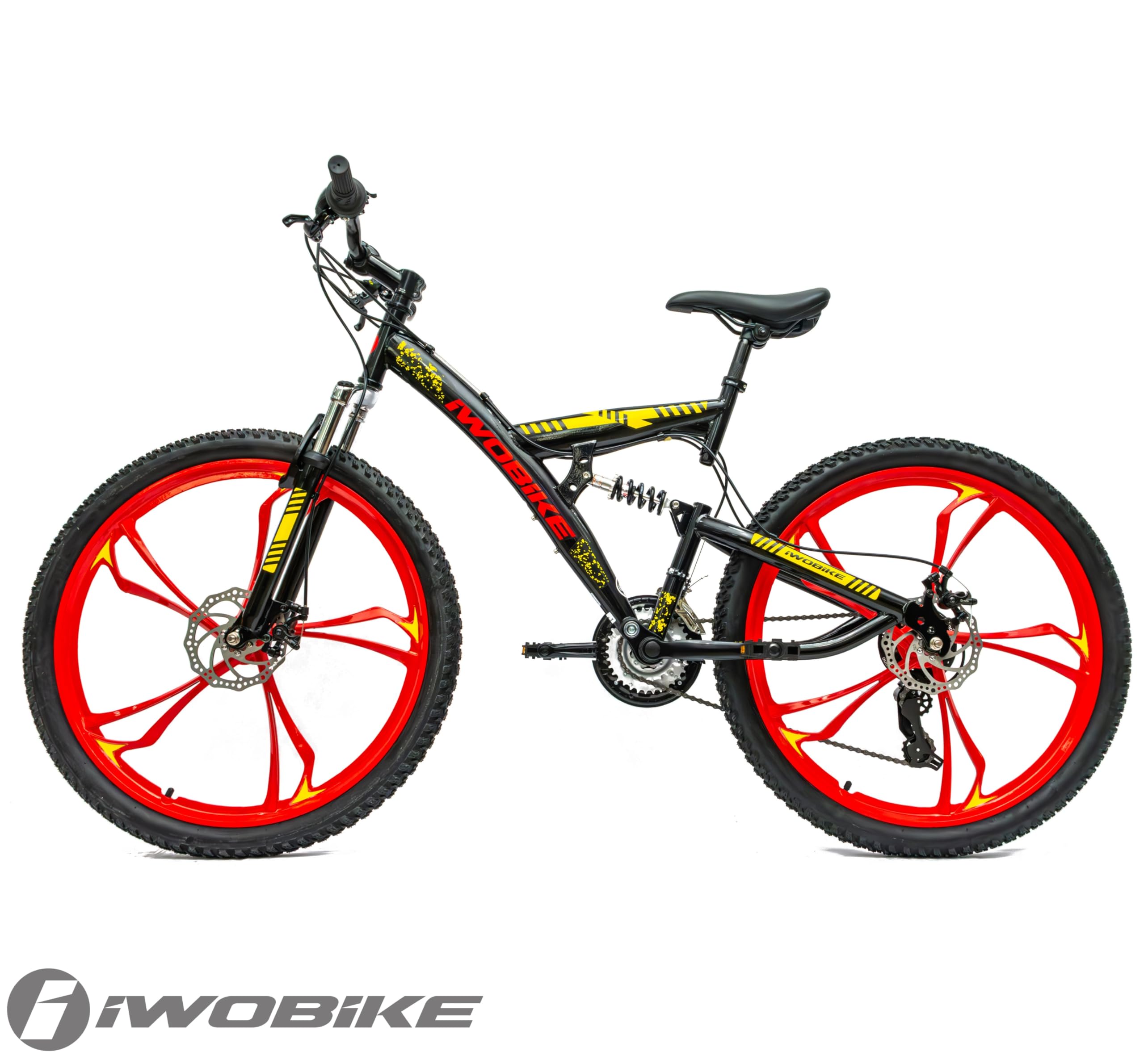 Rower Górski MTB, 26 Cali, Czarny Połysk z Czerwono-Żółtymi | Rower Górski MTB, 26 Cali, Czarny Połysk z Czerwono-Żółtymi Akcentami, Unisex, 21 Biegów, Rama Stalowa 47cm, Amortyzacja Prze