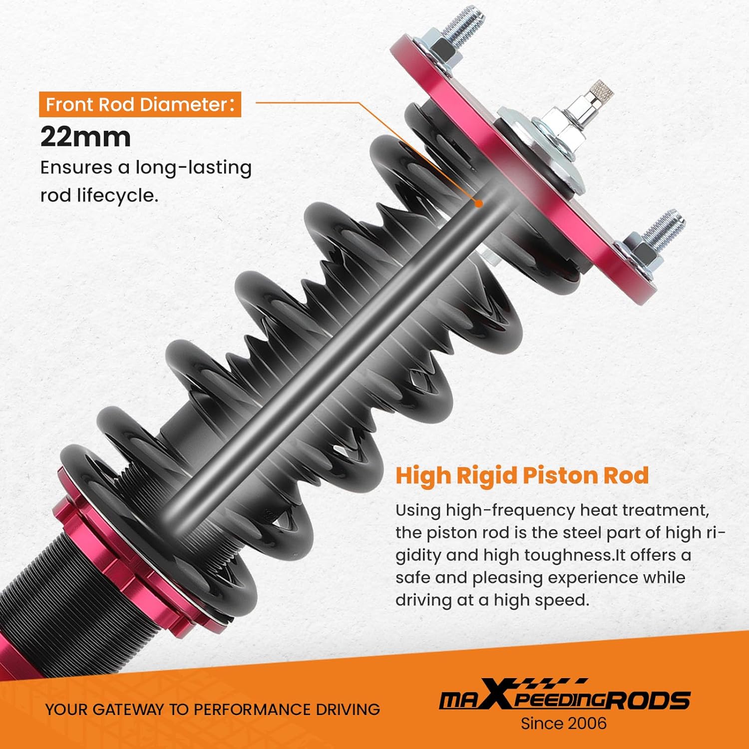 Close-up of the coilover's high rigid piston rod, highlighting the 22mm front rod diameter and high-frequency heat treatment for durability.