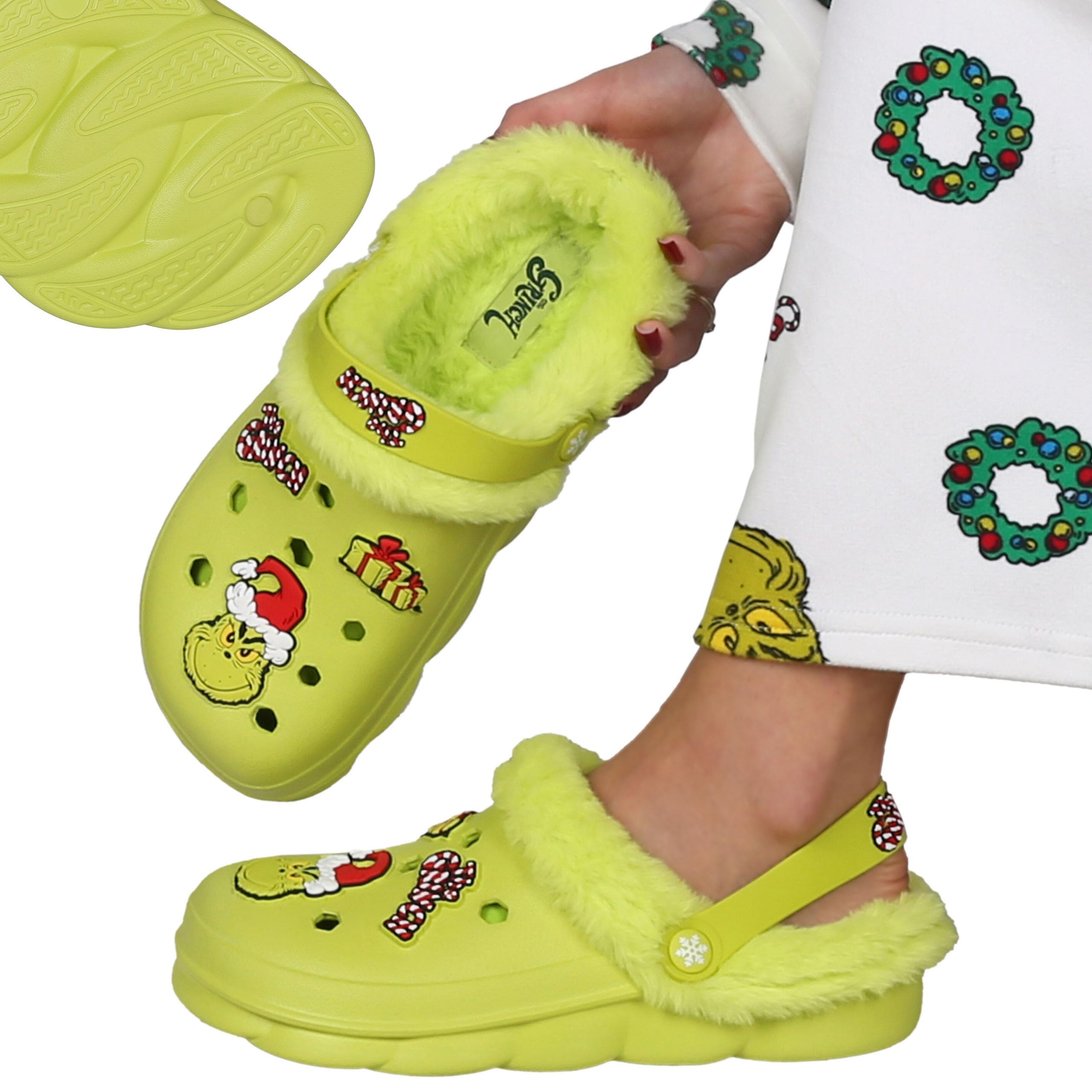 sarcia.eu Grinch Zapatillas verdes, aislantes, navidad, zuecos de jardín con piel para niños